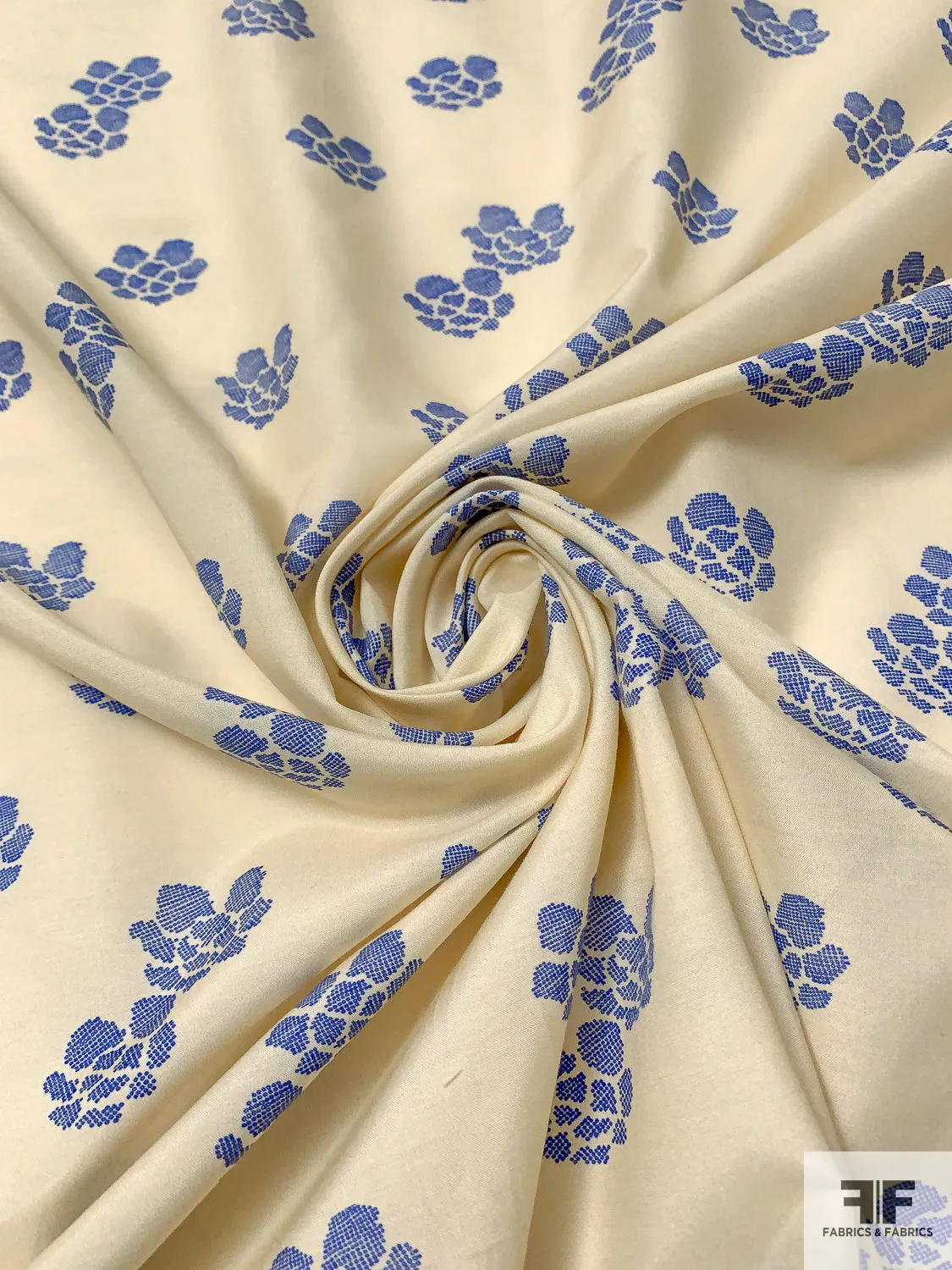Abstract Clusters Printed Heavy Silk and Cotton Voile - Buttermilk / Blue