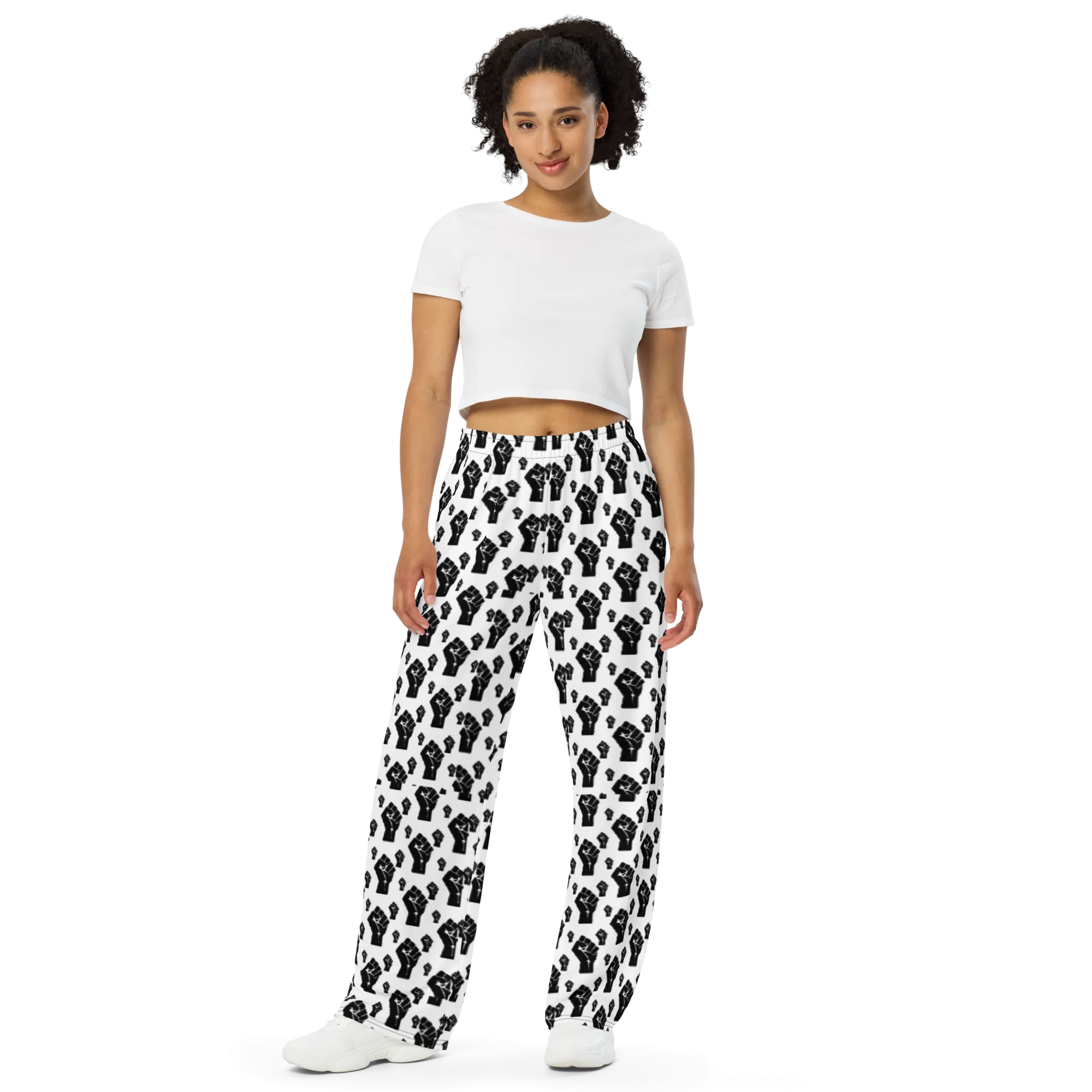 All-over Black Power Fist print unisex wide-leg pants