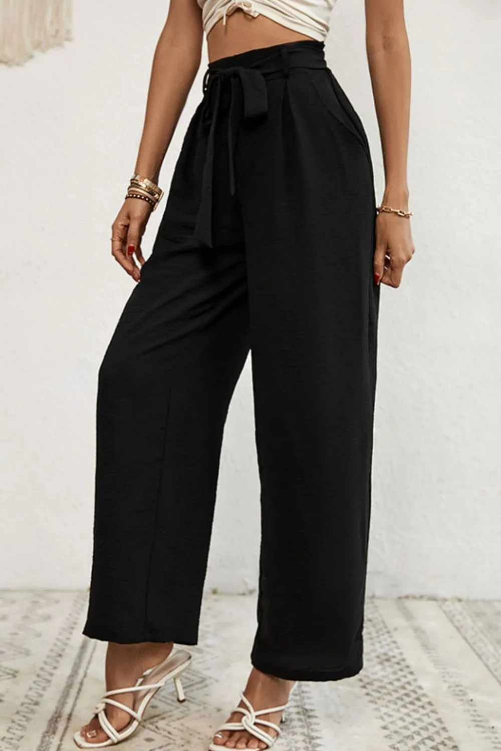 *App Exclusive* Belted Pleated Waist Wide Leg Pants