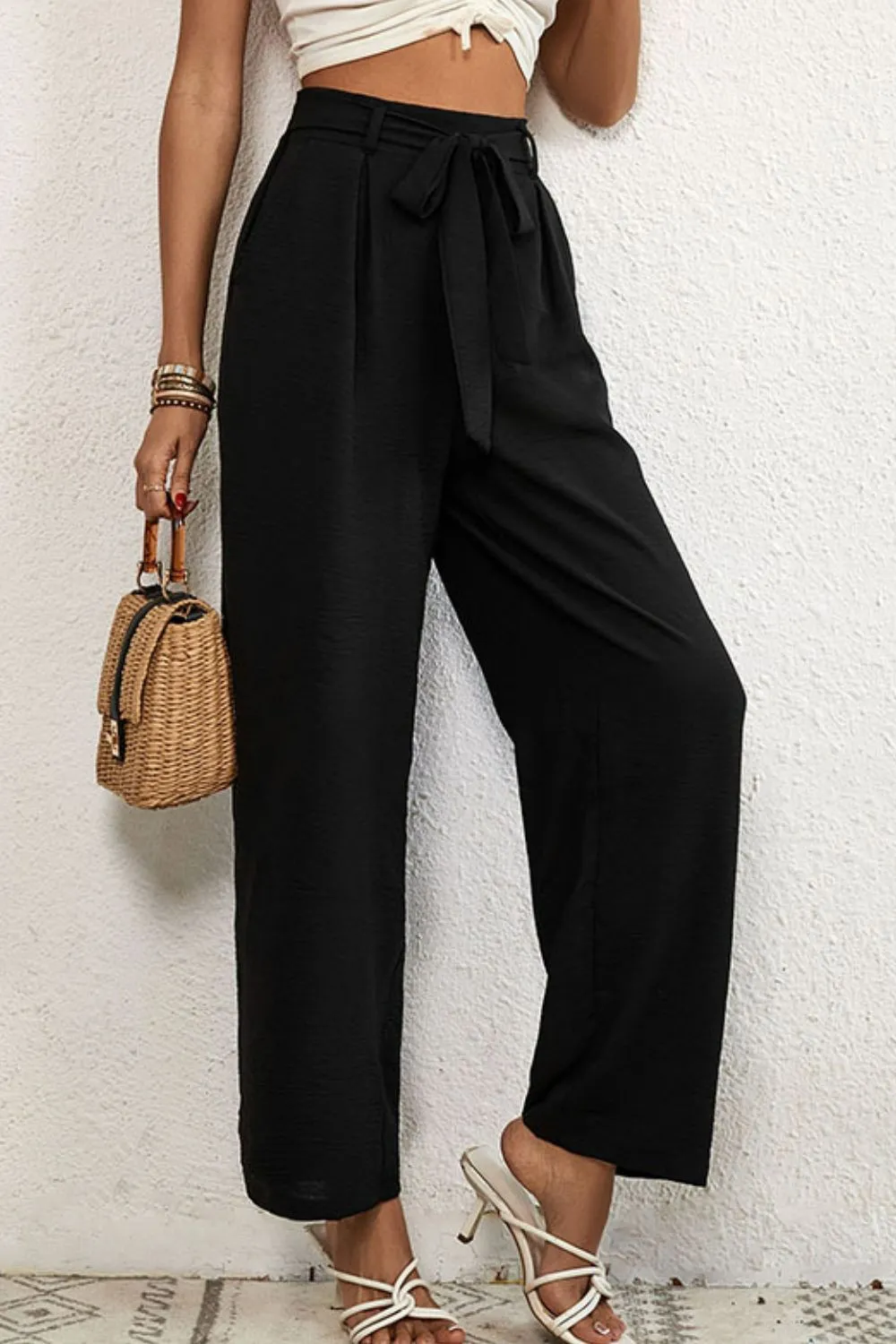 *App Exclusive* Belted Pleated Waist Wide Leg Pants