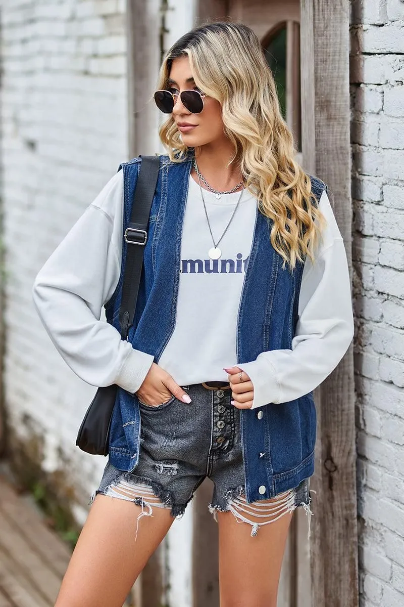 BUTTON CLOSURE LOOSE FIT DENIM VEST
