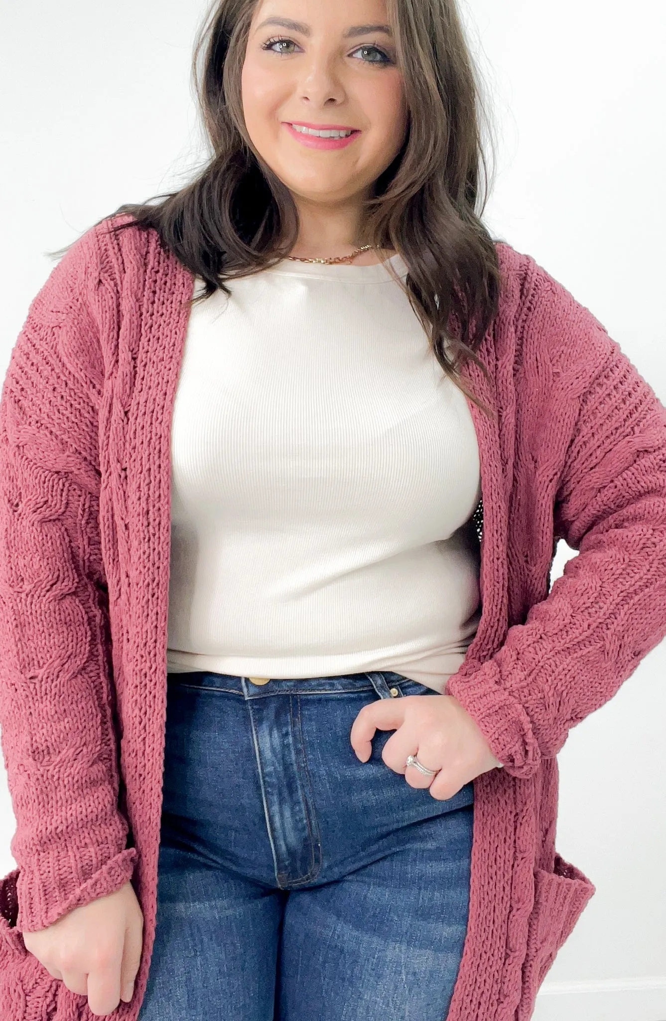 Chenille Cable Knit Open Long Line Cardigan