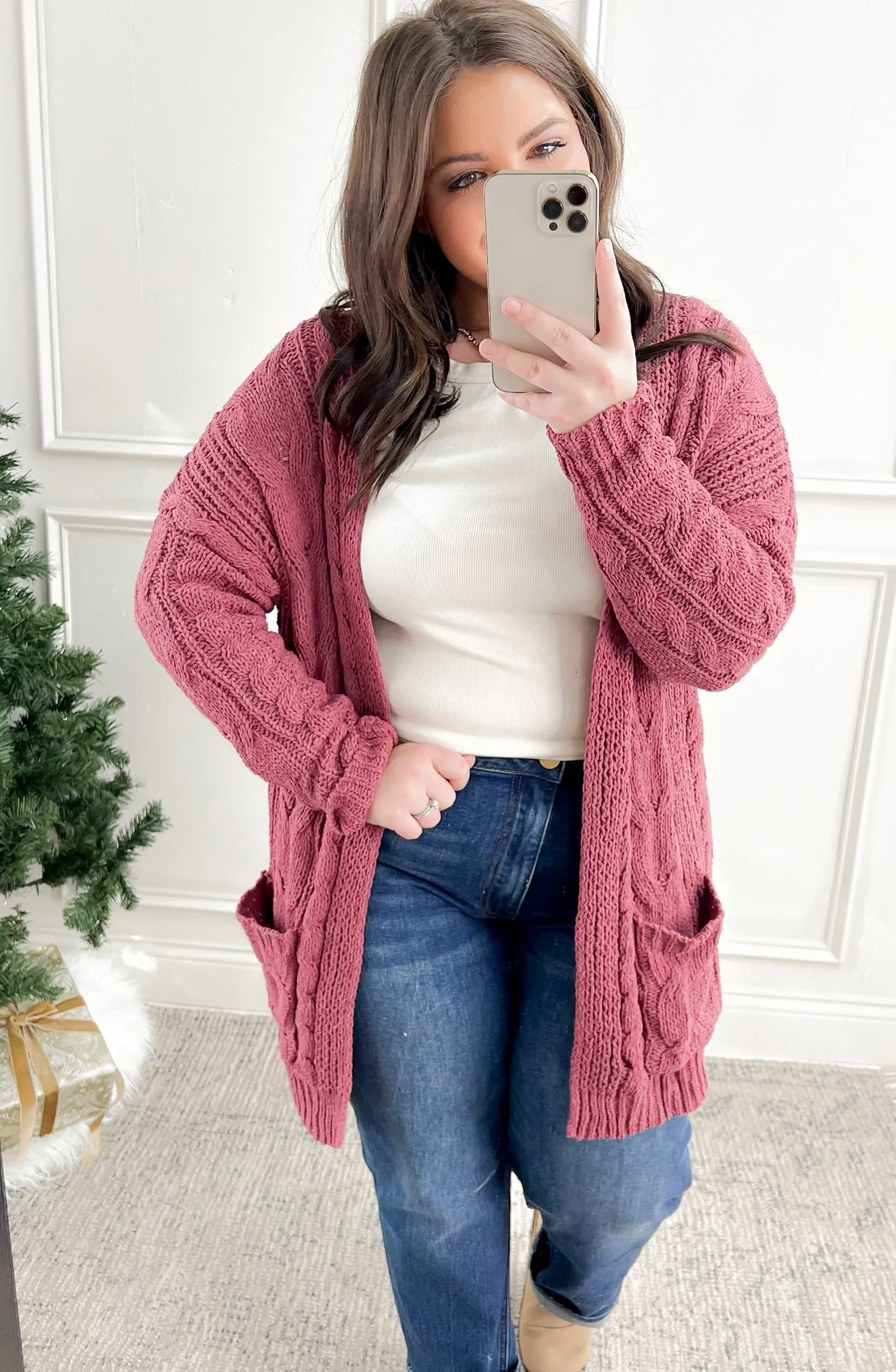 Chenille Cable Knit Open Long Line Cardigan