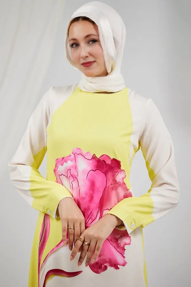 Fatina Elegant Satin Floral Maxi Dress with Side Panel Details