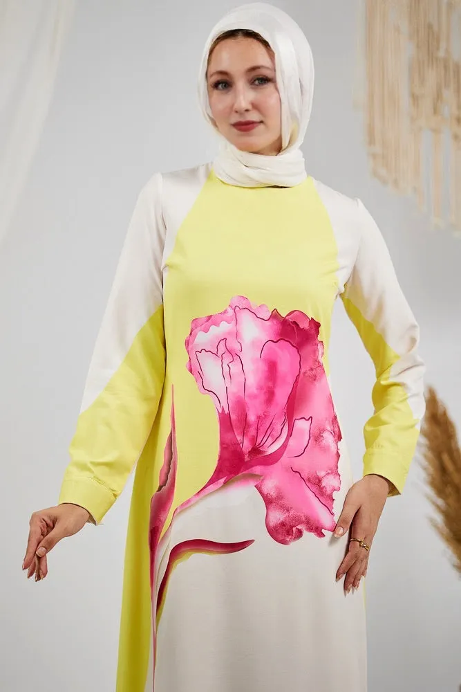 Fatina Elegant Satin Floral Maxi Dress with Side Panel Details