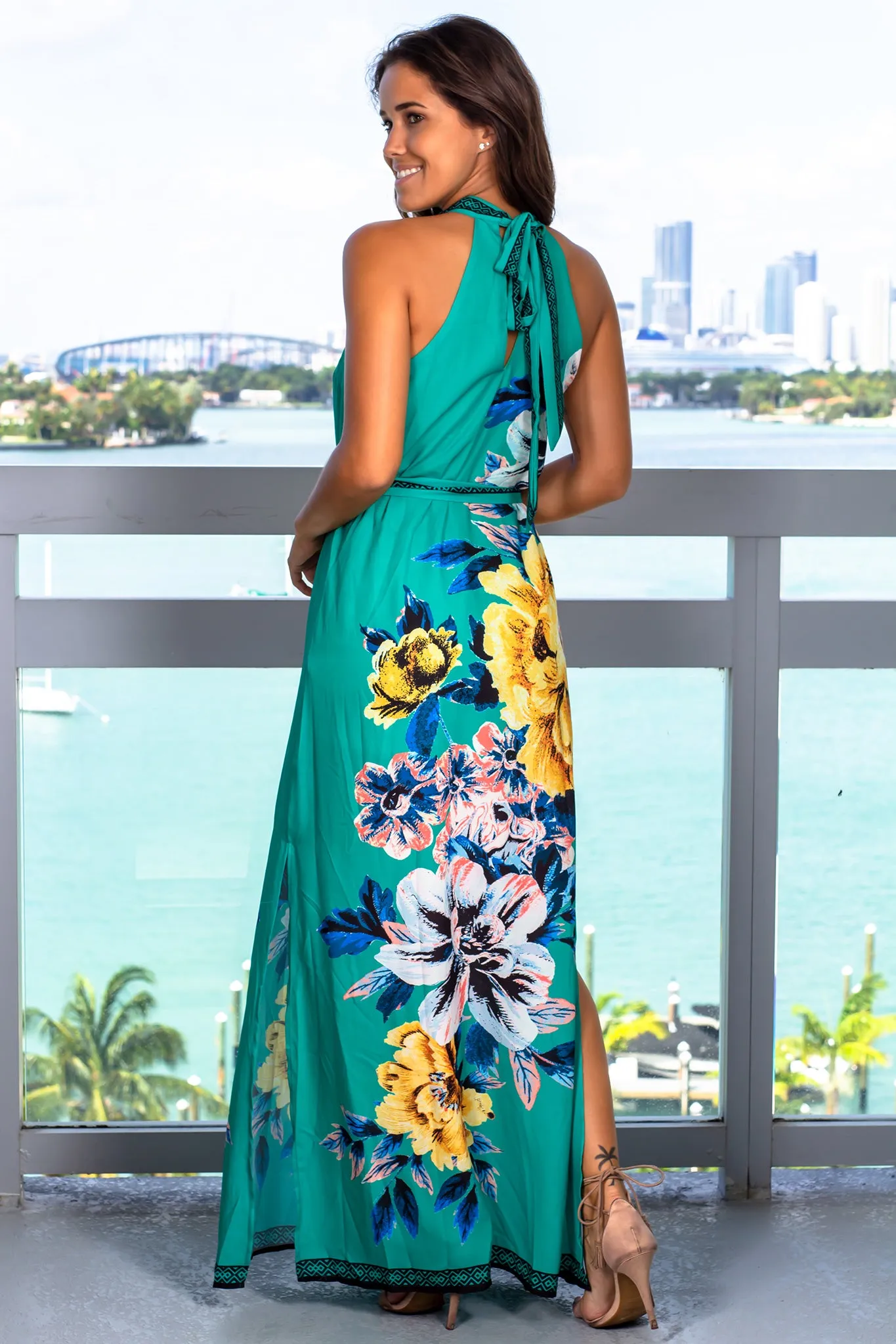 Jade Floral Halter Neck Maxi Dress