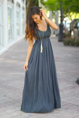 Midnight Navy Lace Maxi Dress With Open Back and Frayed Hem