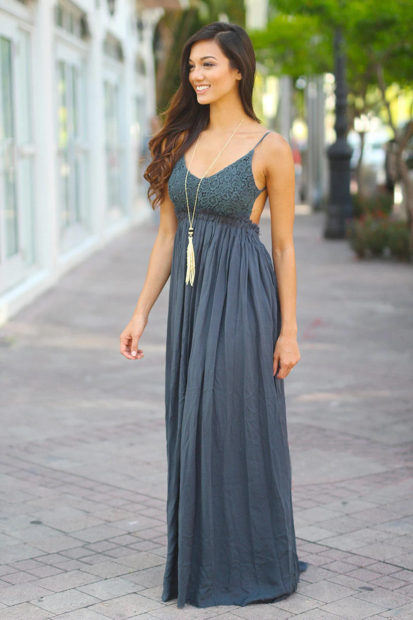 Midnight Navy Lace Maxi Dress With Open Back and Frayed Hem