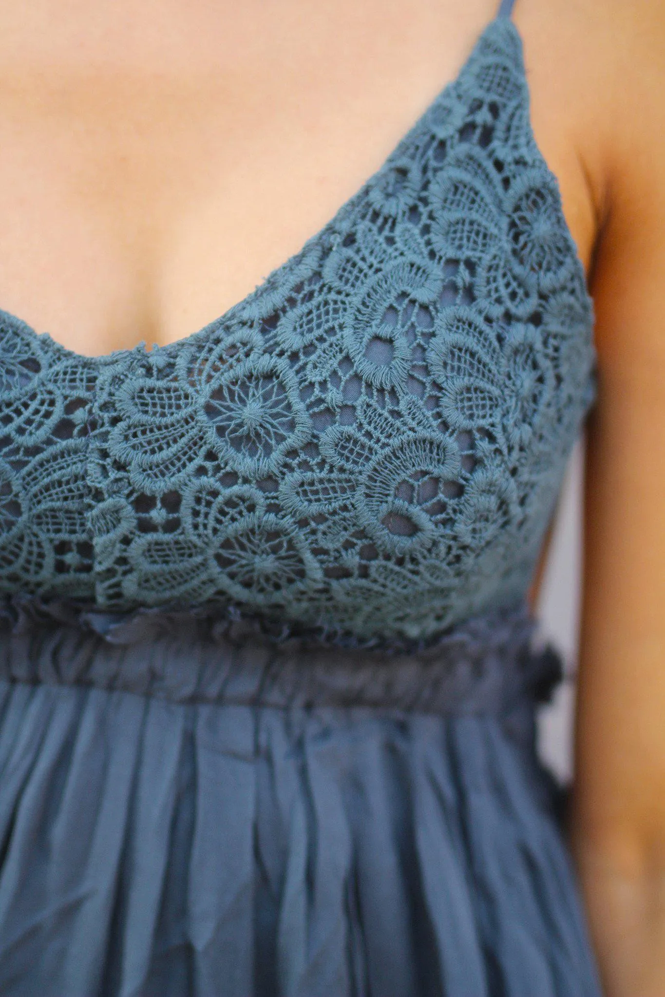 Midnight Navy Lace Maxi Dress With Open Back and Frayed Hem