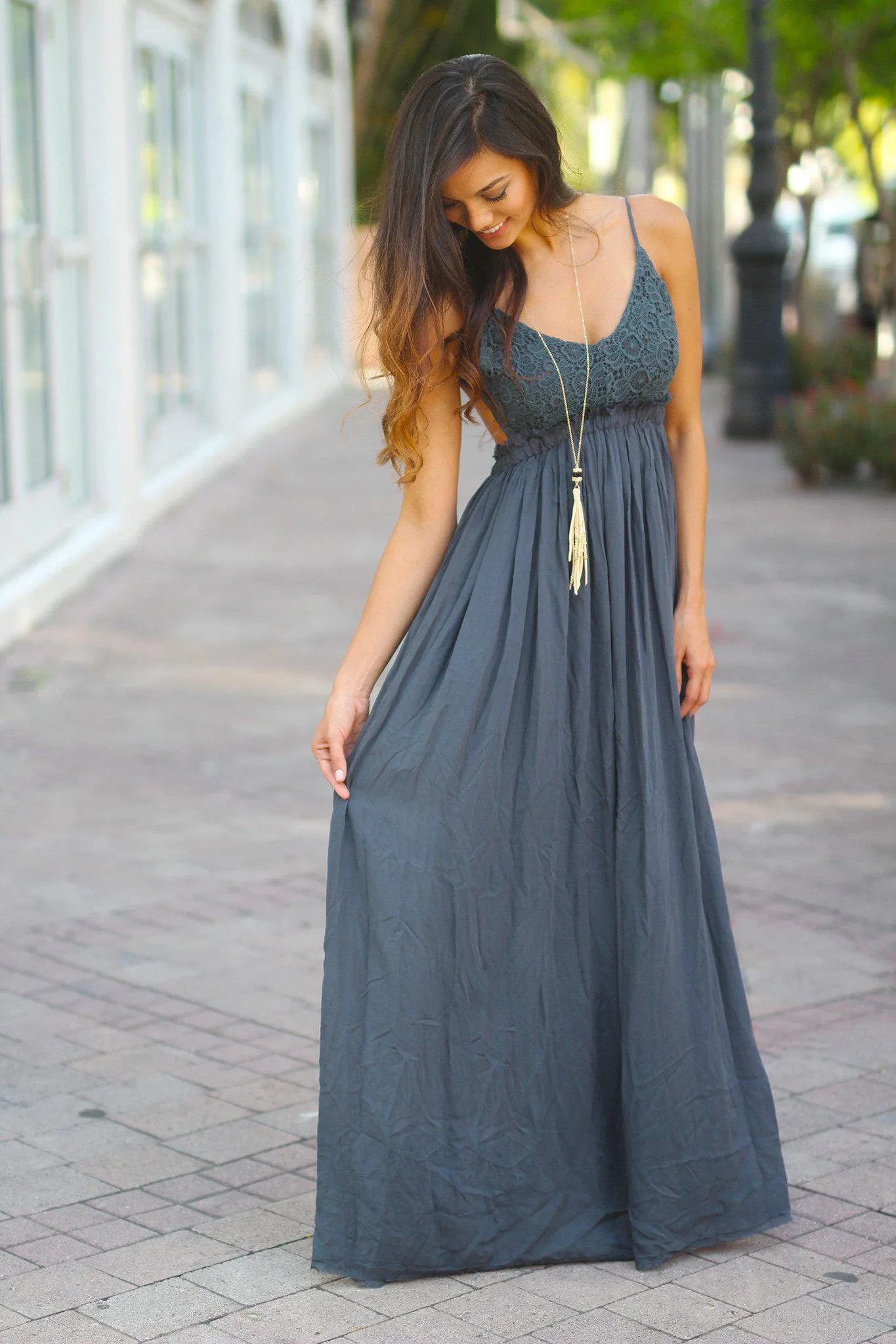 Midnight Navy Lace Maxi Dress With Open Back and Frayed Hem