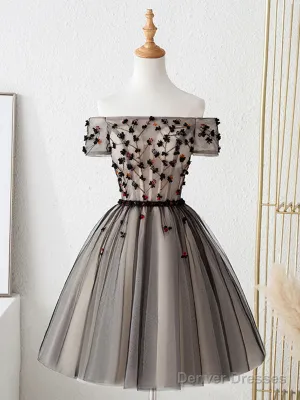 Off The Shoulder Short Black Floral Prom Dresses, Short Black Floral Graduation Homecoming Dresses