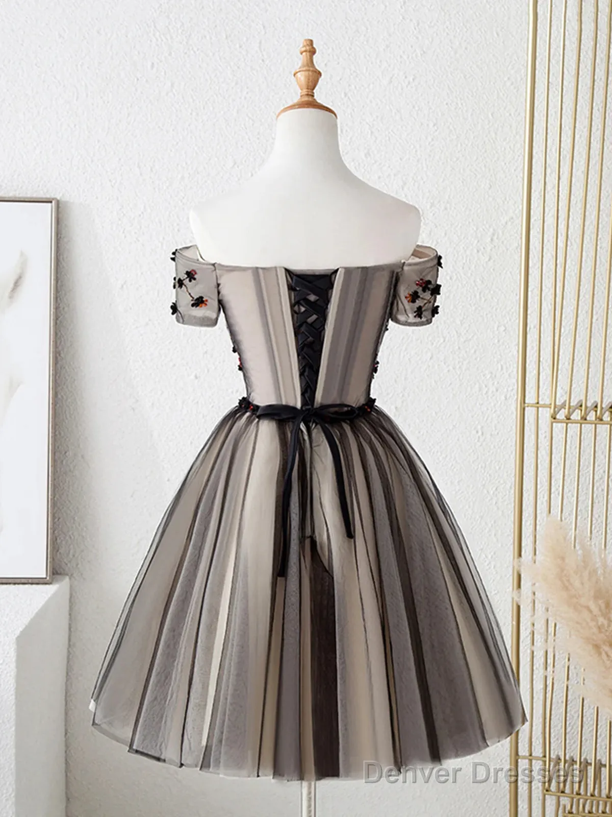 Off The Shoulder Short Black Floral Prom Dresses, Short Black Floral Graduation Homecoming Dresses