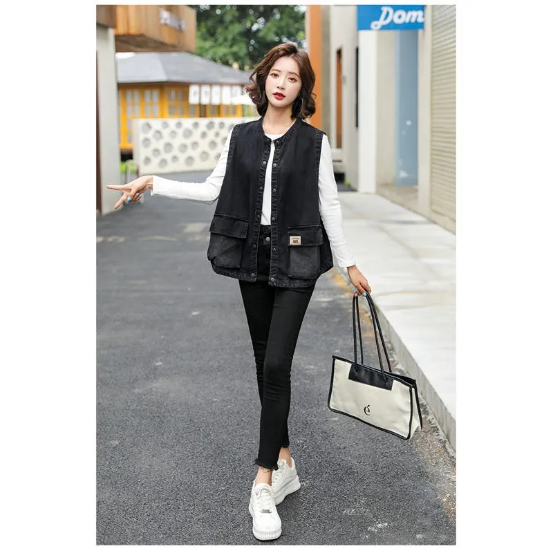 Solid Casual Sleeveless Loose Fit Denim Vest