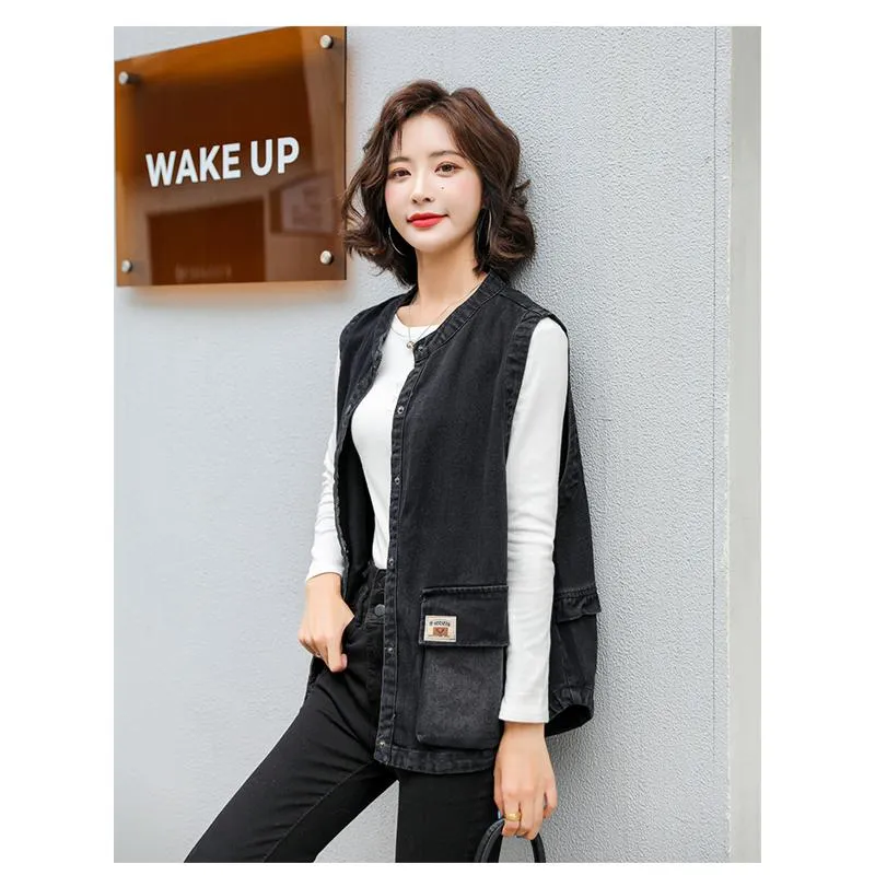 Solid Casual Sleeveless Loose Fit Denim Vest