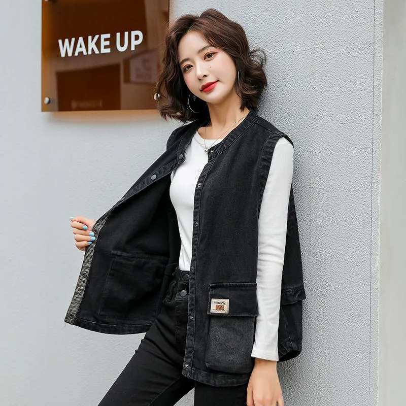 Solid Casual Sleeveless Loose Fit Denim Vest