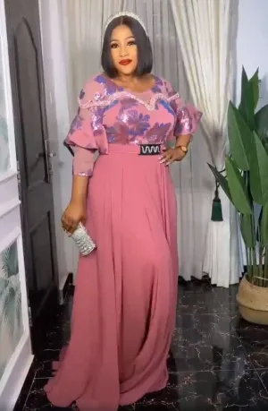Summer Dresses Women 3/4 Sleeve O-neck Polyester Pink Long Maxi Dress  with Belt
