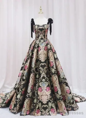Vintage Satin Straps Floral Long Formal Evening Long Dress Prom Dress